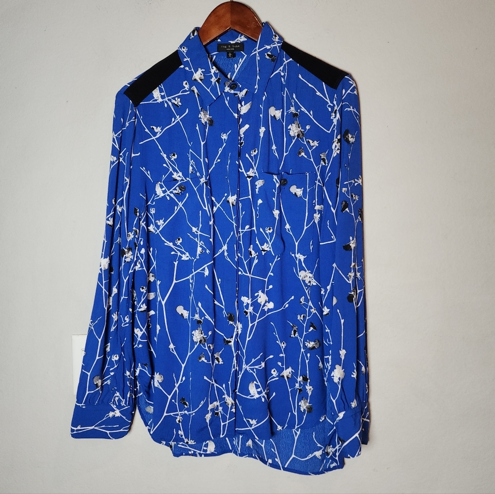 Rag & Bone Therese Printed Viscose Button-Down Blouse Top Branches Blue Black L